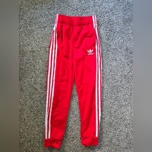 Adidas Kids Red Joggers with White Stripes